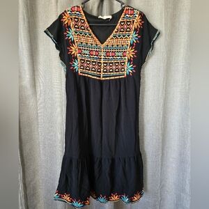 SAVANNA JANE Embroidered Black Dress Boho Aztec Southwestern Size Small